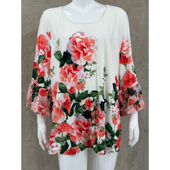 Calvin Klein Tops - Calvin Klein Top Womens 3X Ivory Red Floral Bell Sleeve Boho Stretch Spring Work